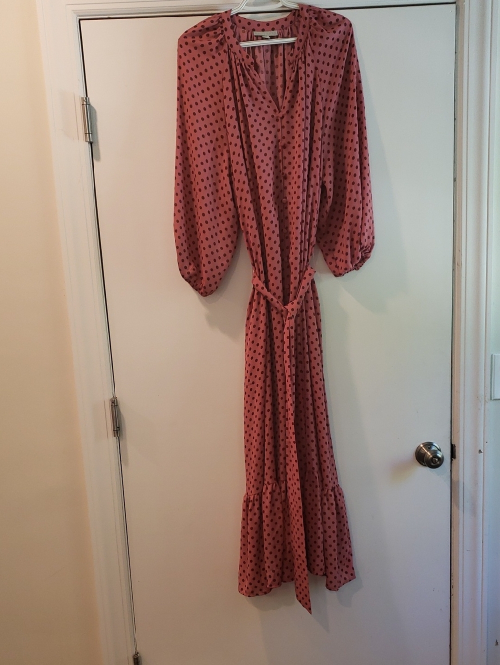 Dusty Rose Polka Dot Maxi Dress with Self Tie Waist